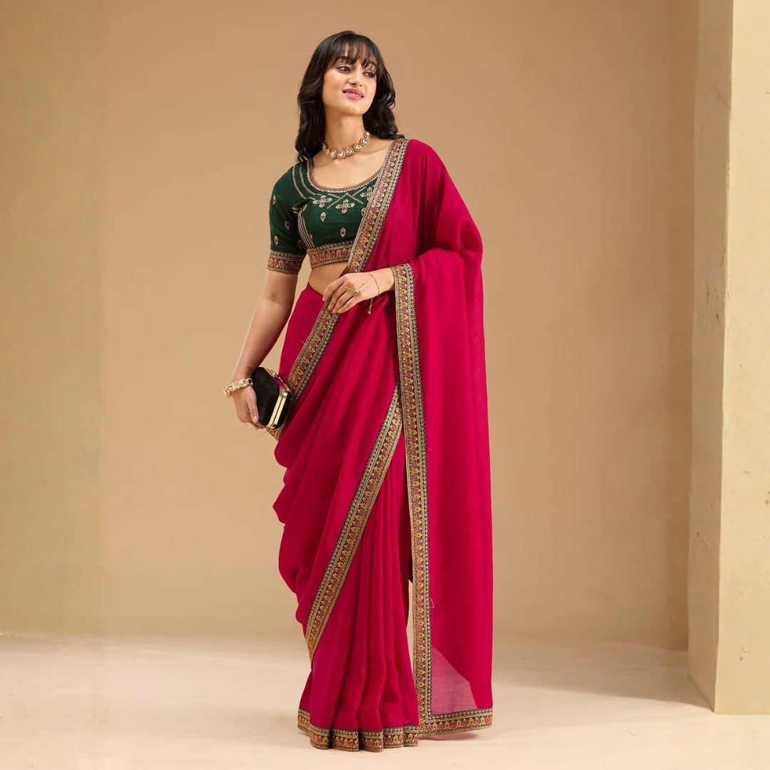 Rangini Rani Pink Saree with Traditional Embroidered Border - Image 4
