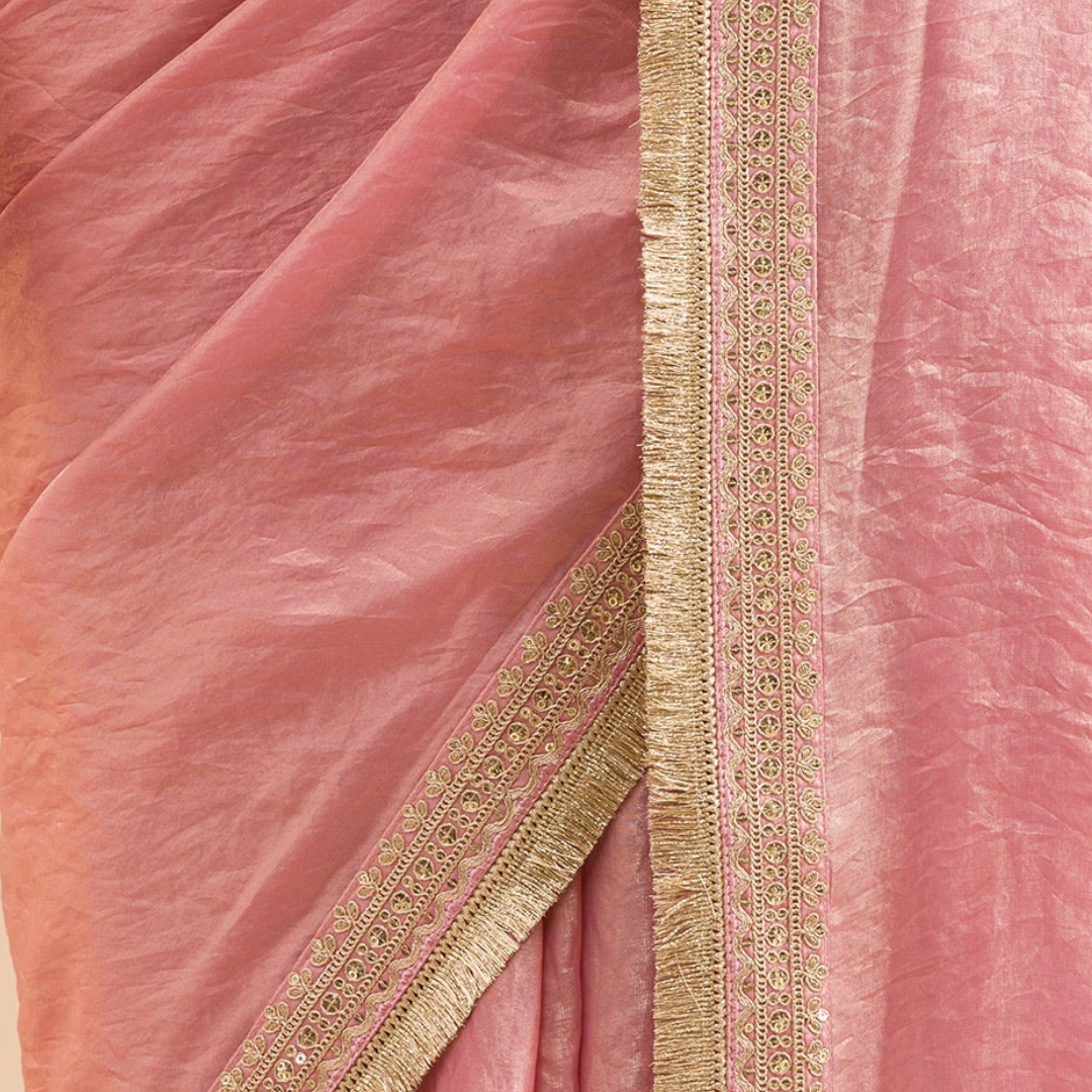 Onion Pink Threadwork Tissue Saree - Image 5
