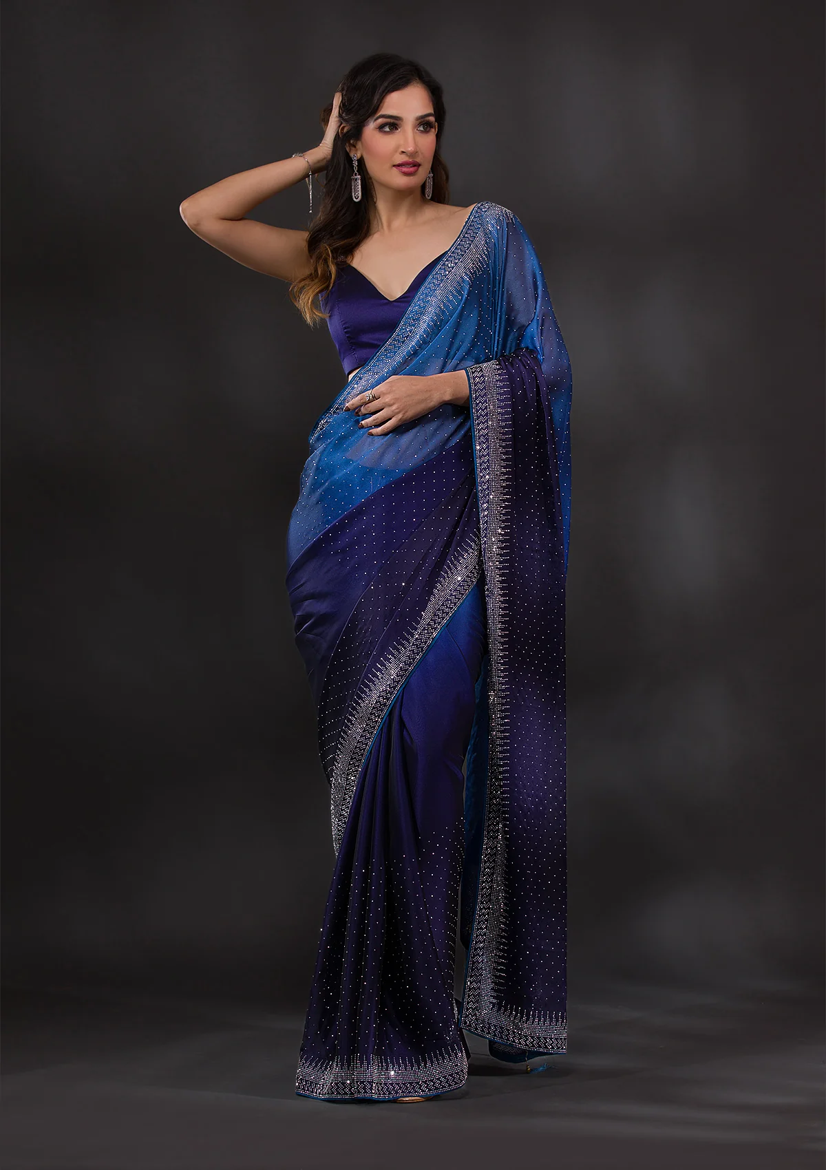 Ombre Navy Blue Stonework Satin Designer Saree - Image 5
