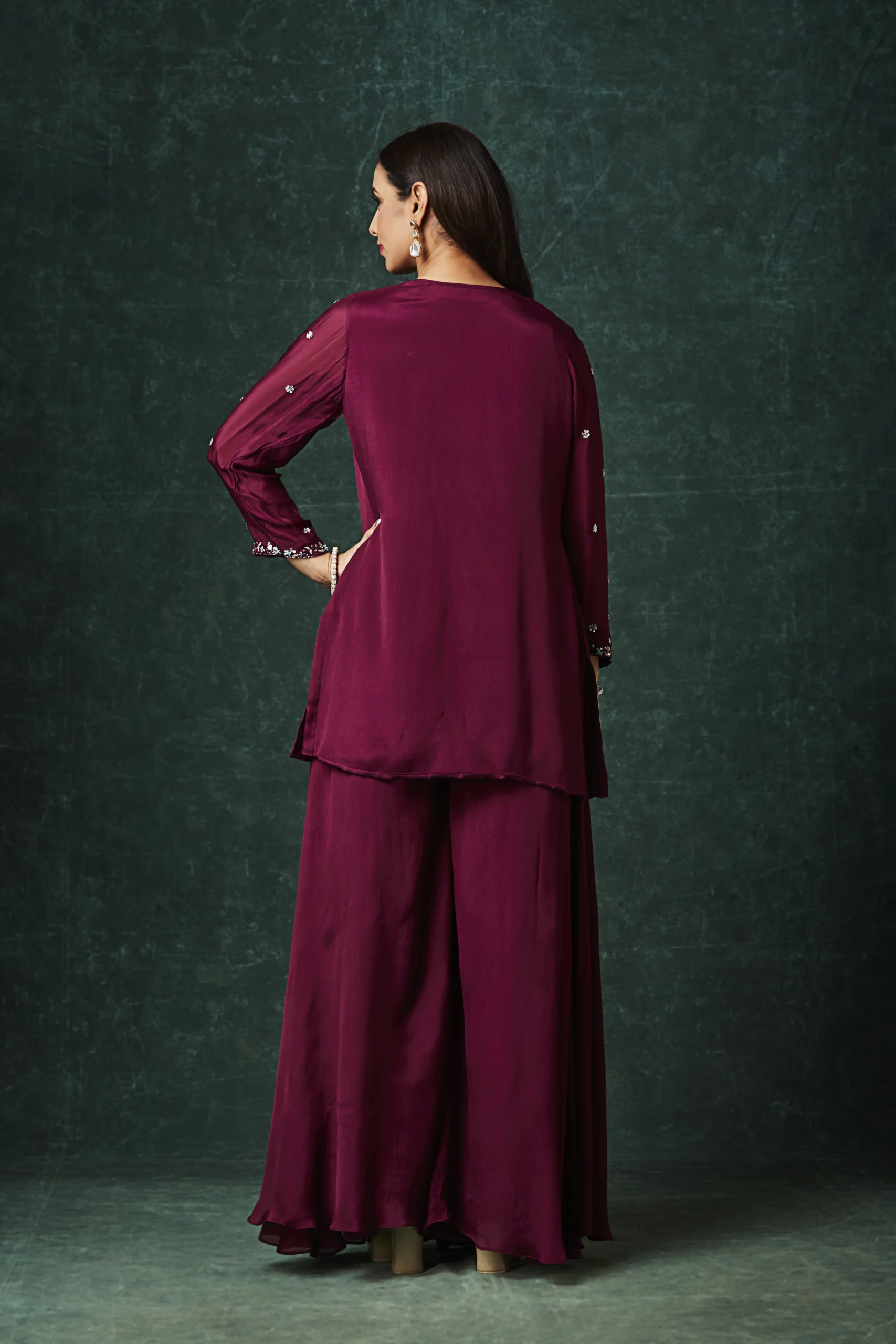 Meher Wine Embroidered Jacket-Style Co-ord Set - Image 3