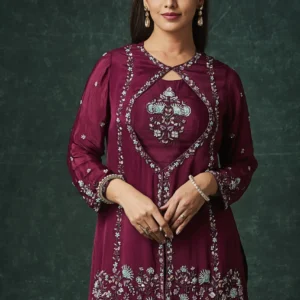 Meher Wine Embroidered Jacket-Style Co-ord Set