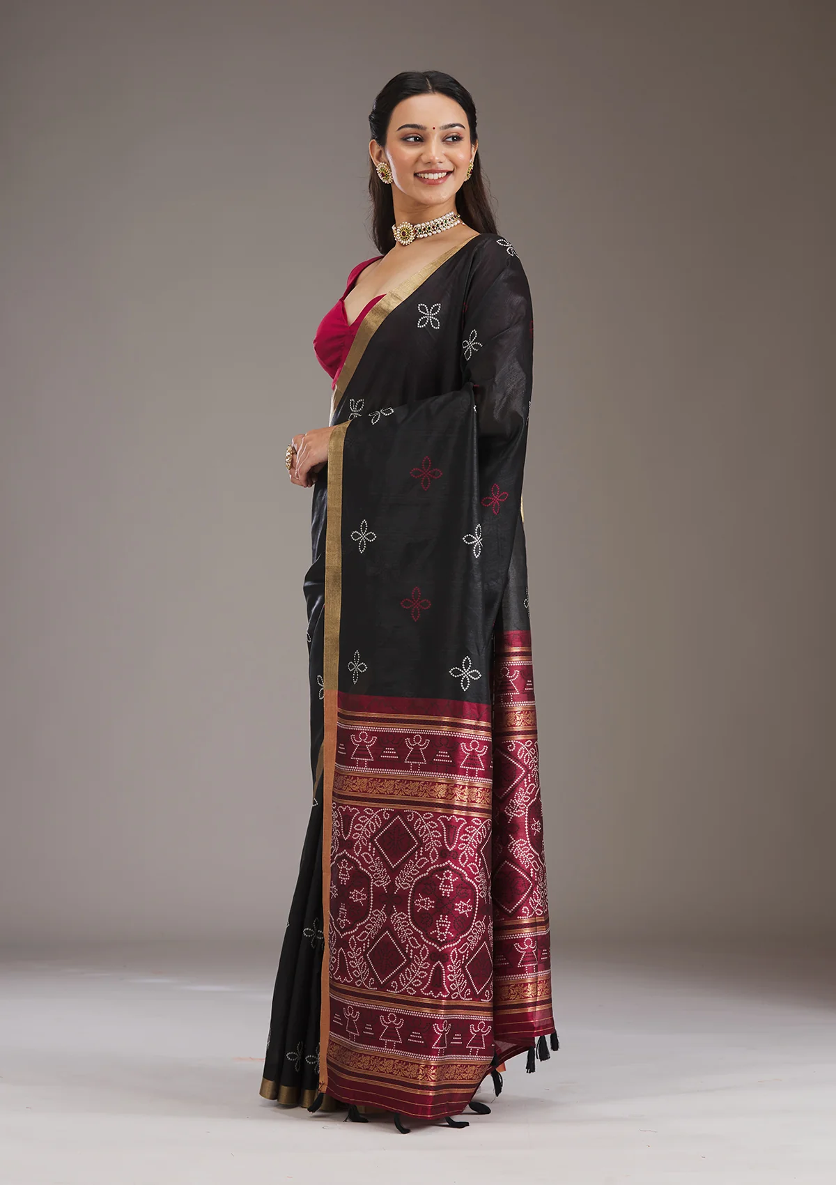 Aarohi Black & Maroon Patola Silk Saree - Image 4