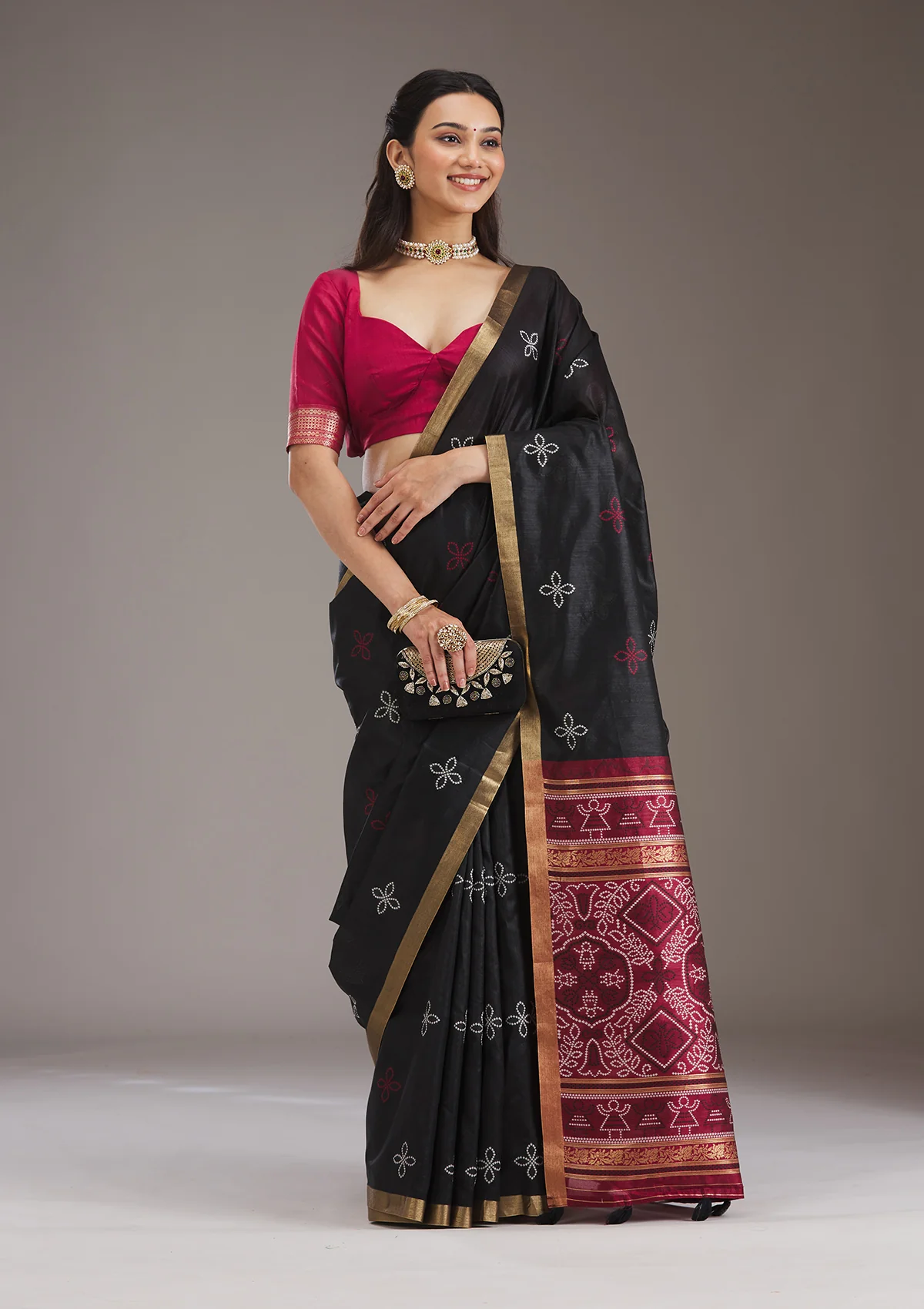 Aarohi Black & Maroon Patola Silk Saree - Image 3